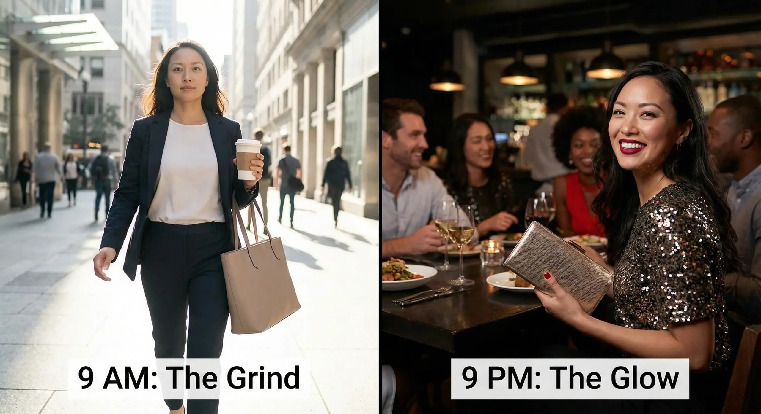 Split-screen photo showing a woman's day-to-night transformation from professional business attire to evening wear