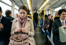Candid shot of a woman on a train feeling self-conscious as passengers around her react to her strong perfume