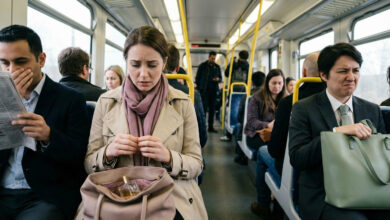 Candid shot of a woman on a train feeling self-conscious as passengers around her react to her strong perfume