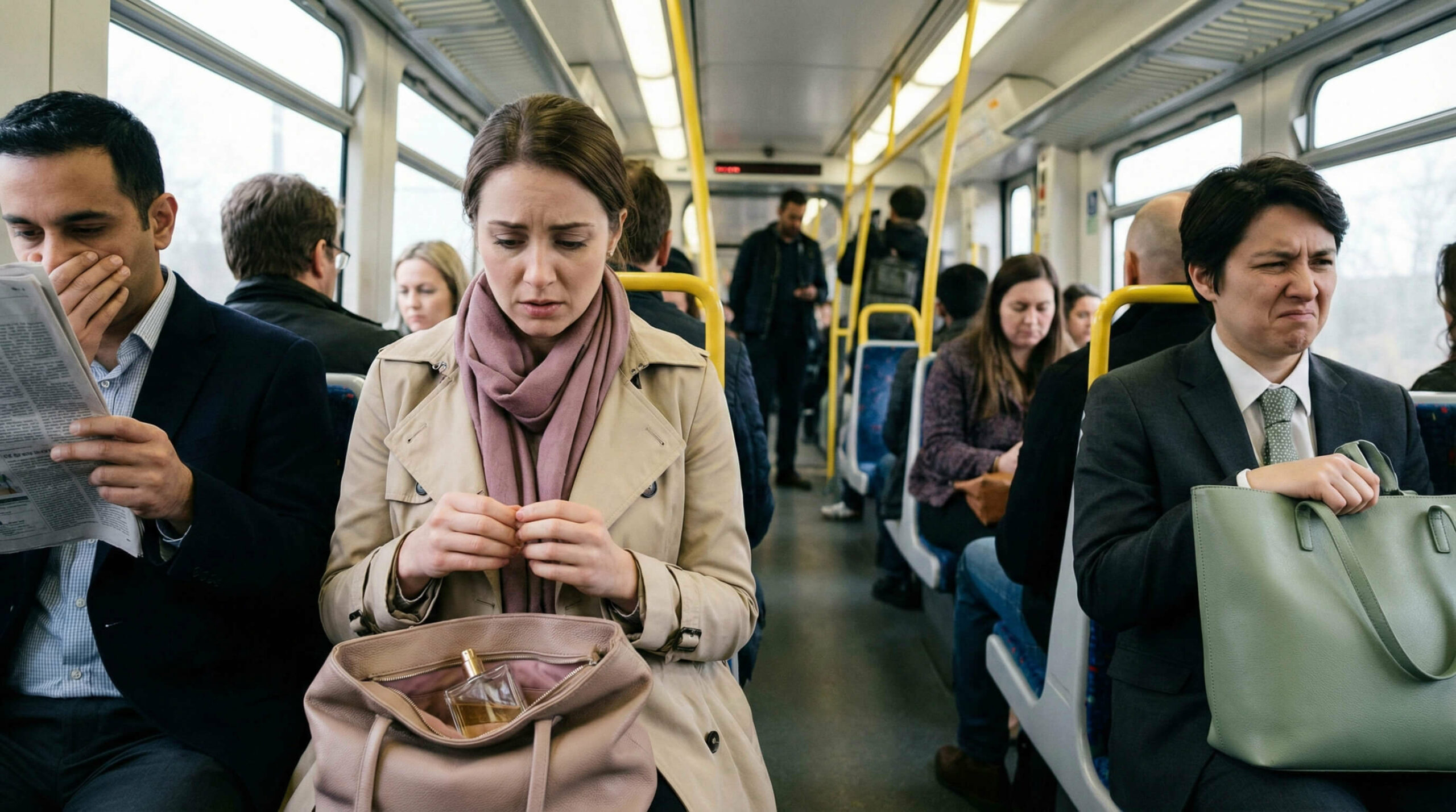 Candid shot of a woman on a train feeling self-conscious as passengers around her react to her strong perfume