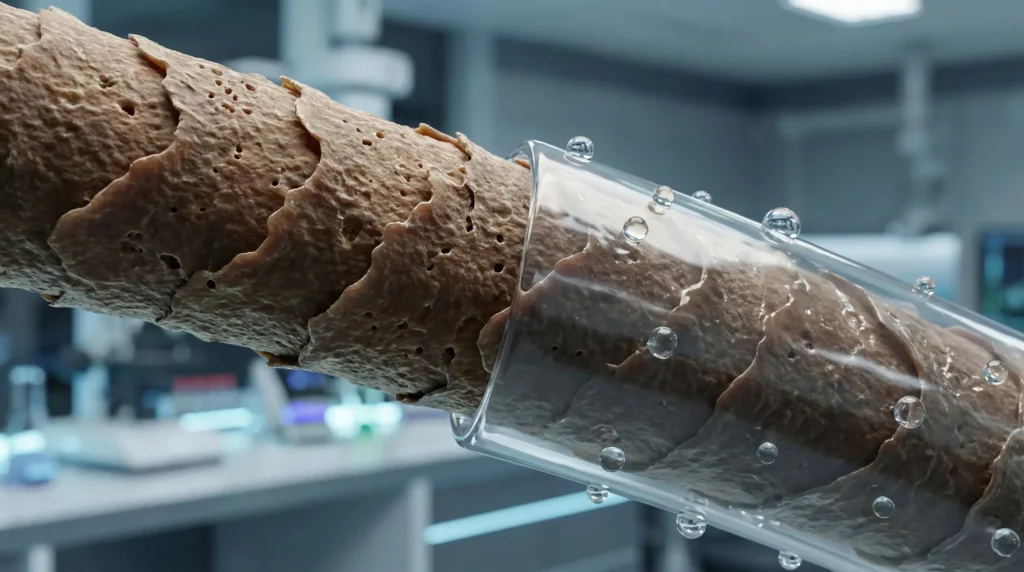 Microscopic 3D view of a human hair strand showing a rough porous cuticle versus a smooth glossy polymer coating for hair shine and protection.