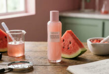 A realistic photograph of Glow Recipe Watermelon Glow toner surrounded by fresh watermelon slices, lab equipment, and a magnifying glass in an investigative setting.