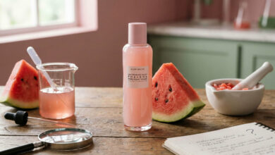 A realistic photograph of Glow Recipe Watermelon Glow toner surrounded by fresh watermelon slices, lab equipment, and a magnifying glass in an investigative setting.