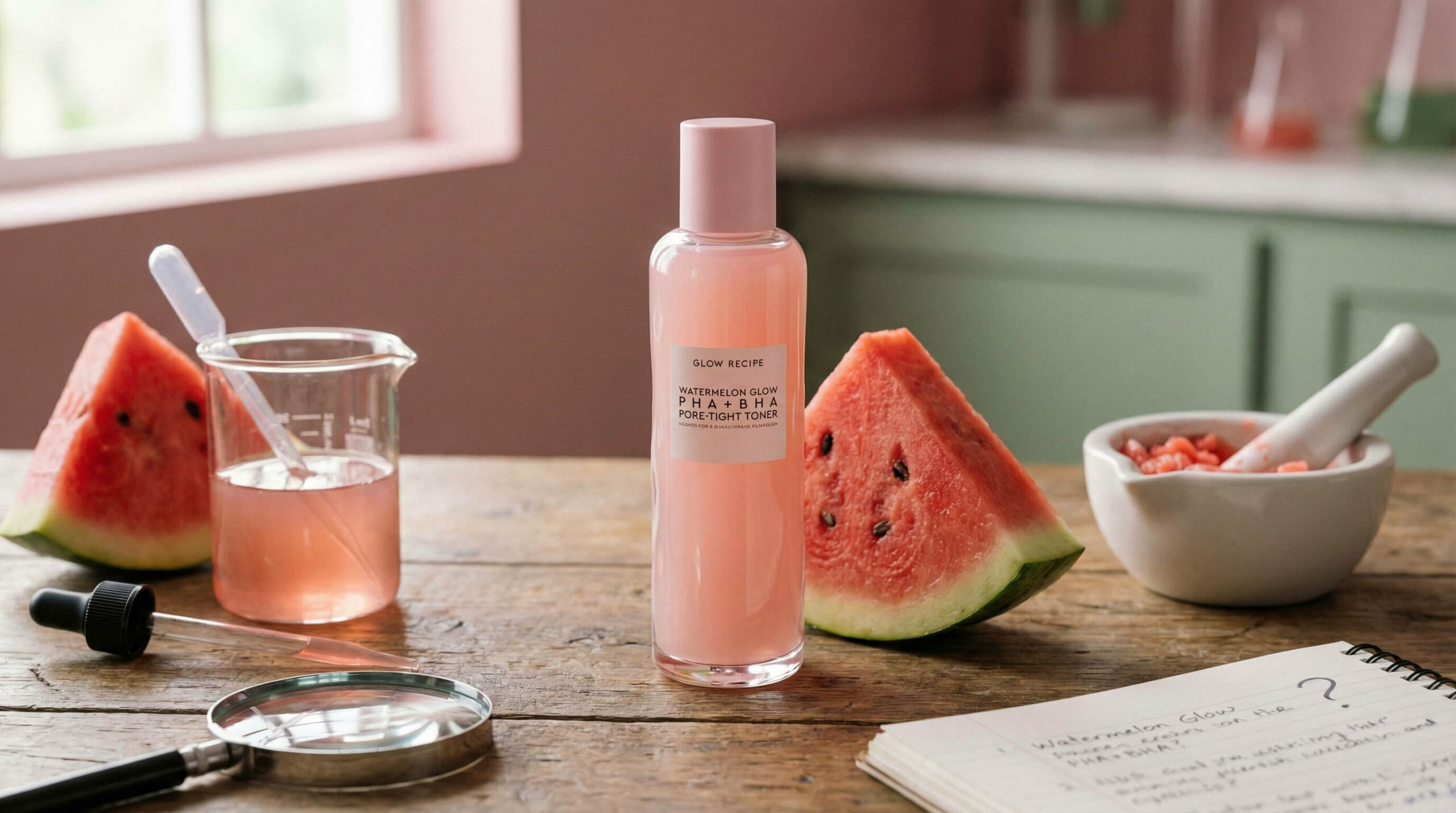 A realistic photograph of Glow Recipe Watermelon Glow toner surrounded by fresh watermelon slices, lab equipment, and a magnifying glass in an investigative setting.