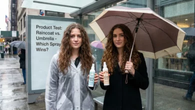 An attractive woman holding two different anti-frizz sprays against a backdrop of sage green and dusty rose textures