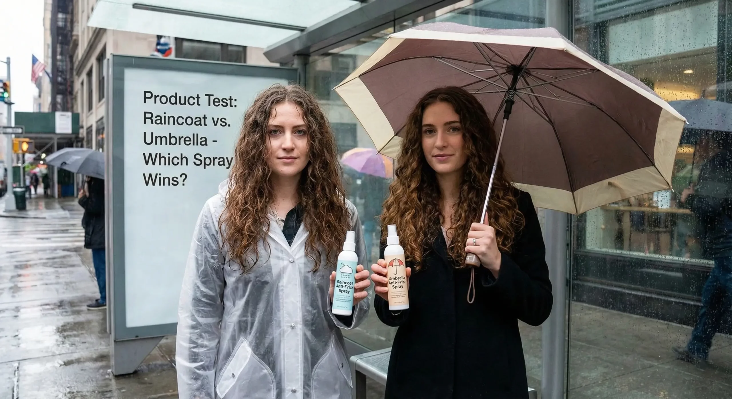 An attractive woman holding two different anti-frizz sprays against a backdrop of sage green and dusty rose textures