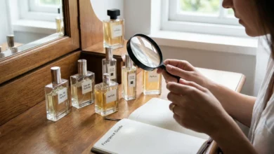 A woman using a magnifying glass to examine different perfume concentration labels, such as 'Parfum' and 'Eau de Toilette', next to a fragrance guide