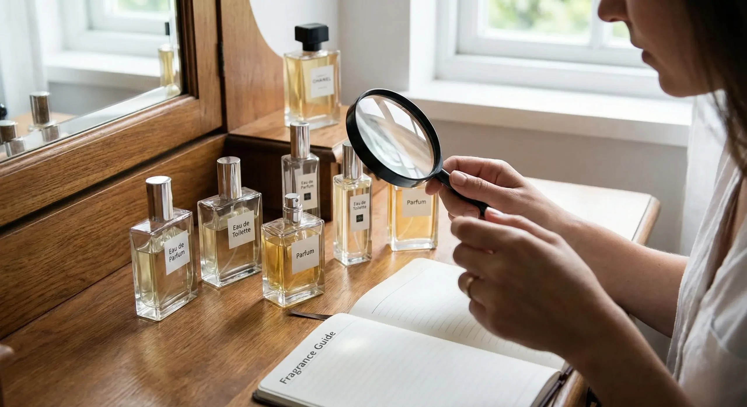 A woman using a magnifying glass to examine different perfume concentration labels, such as 'Parfum' and 'Eau de Toilette', next to a fragrance guide