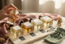 A hand sprays a single mist from a luxury perfume extrait bottle, alongside three other numbered bottles ranked for longevity on a marble and silk display