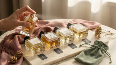 A hand sprays a single mist from a luxury perfume extrait bottle, alongside three other numbered bottles ranked for longevity on a marble and silk display