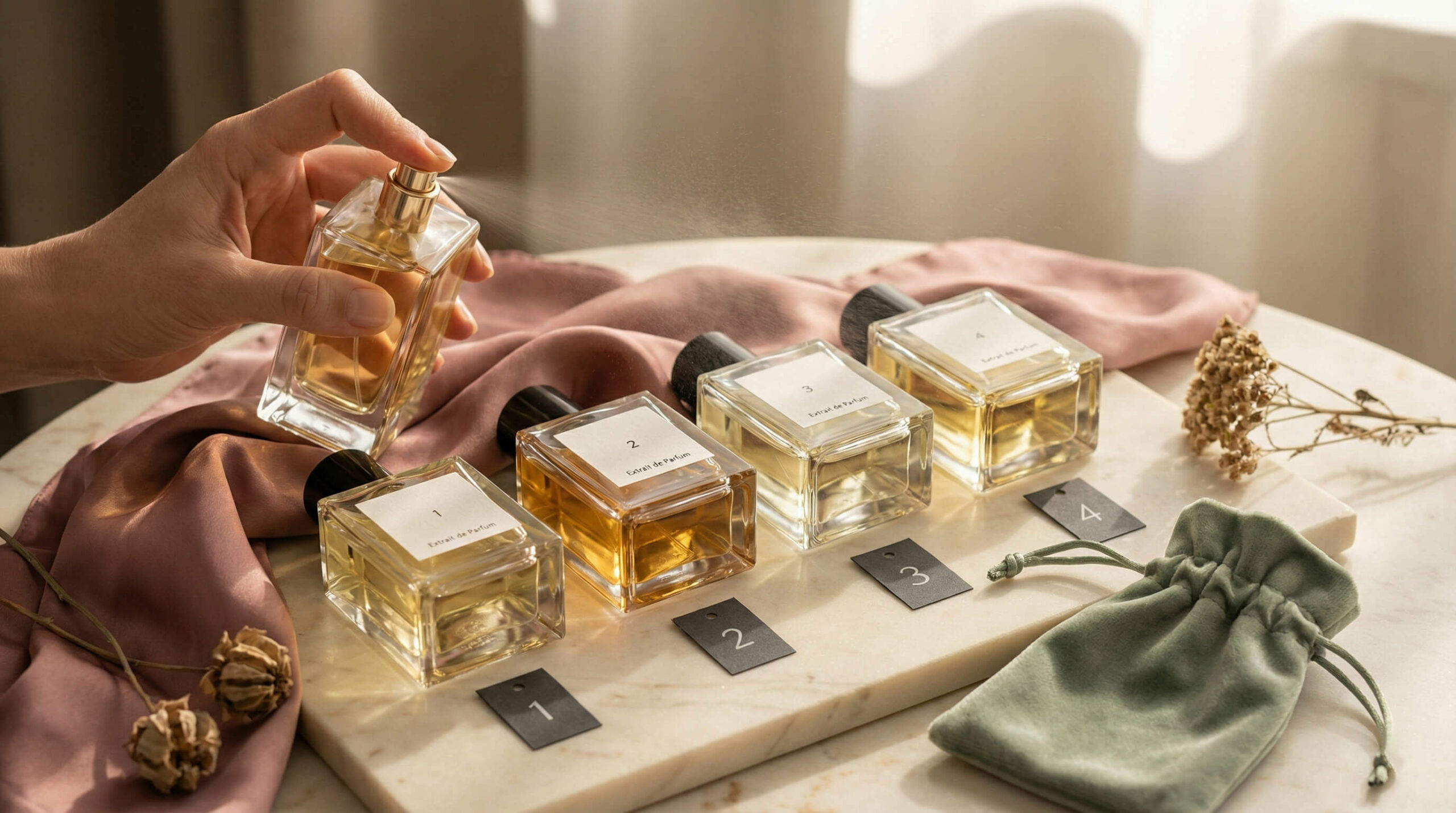 A hand sprays a single mist from a luxury perfume extrait bottle, alongside three other numbered bottles ranked for longevity on a marble and silk display