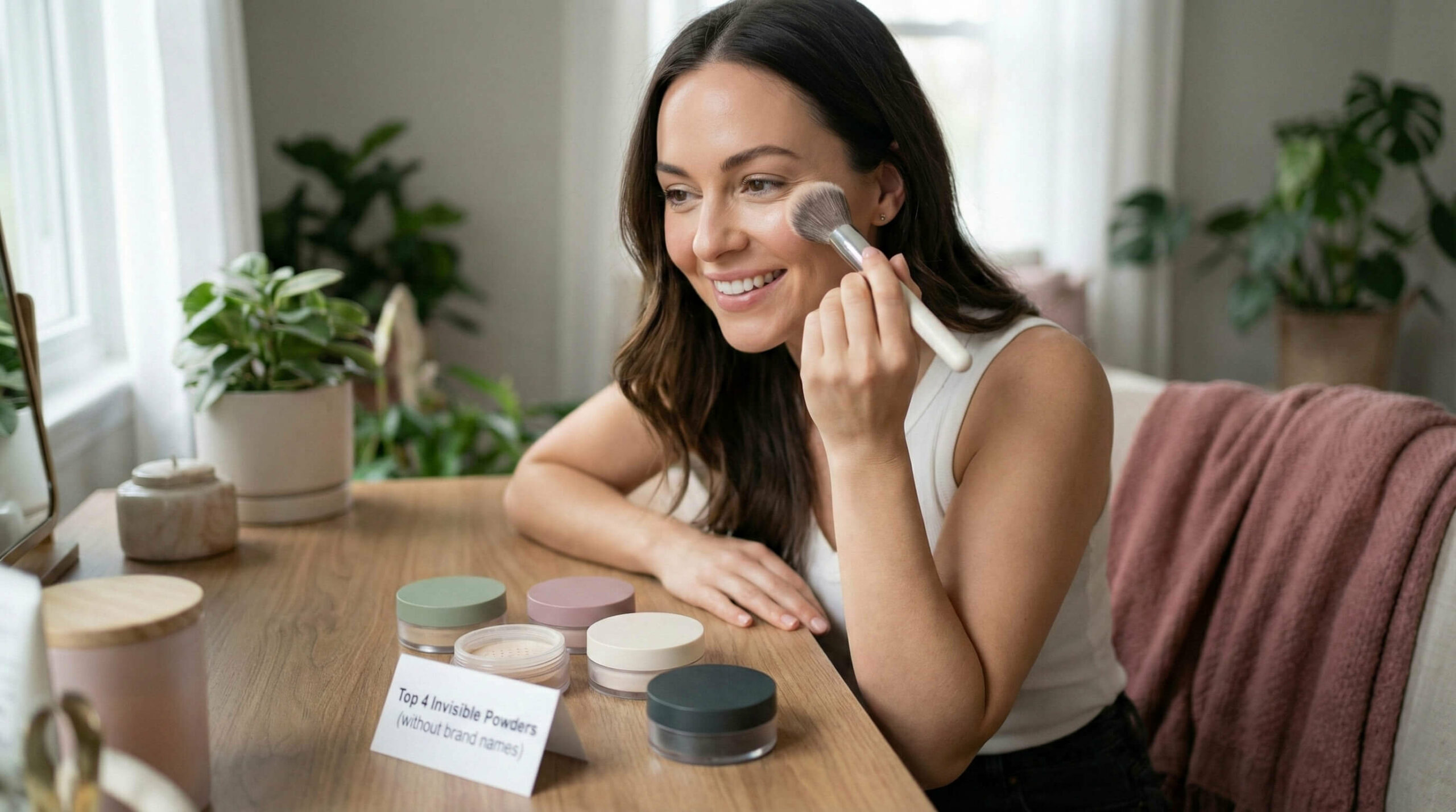 A candid photograph of a smiling woman applying 'invisible' under-eye powder with a brush, seated next to four unbranded powder jars ranked as top choices