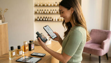 a smiling woman in a sage green top using a smartphone app to scan and analyze a perfume bottle in a sunlit boutique, surrounded by other devices testing scent scanning technology