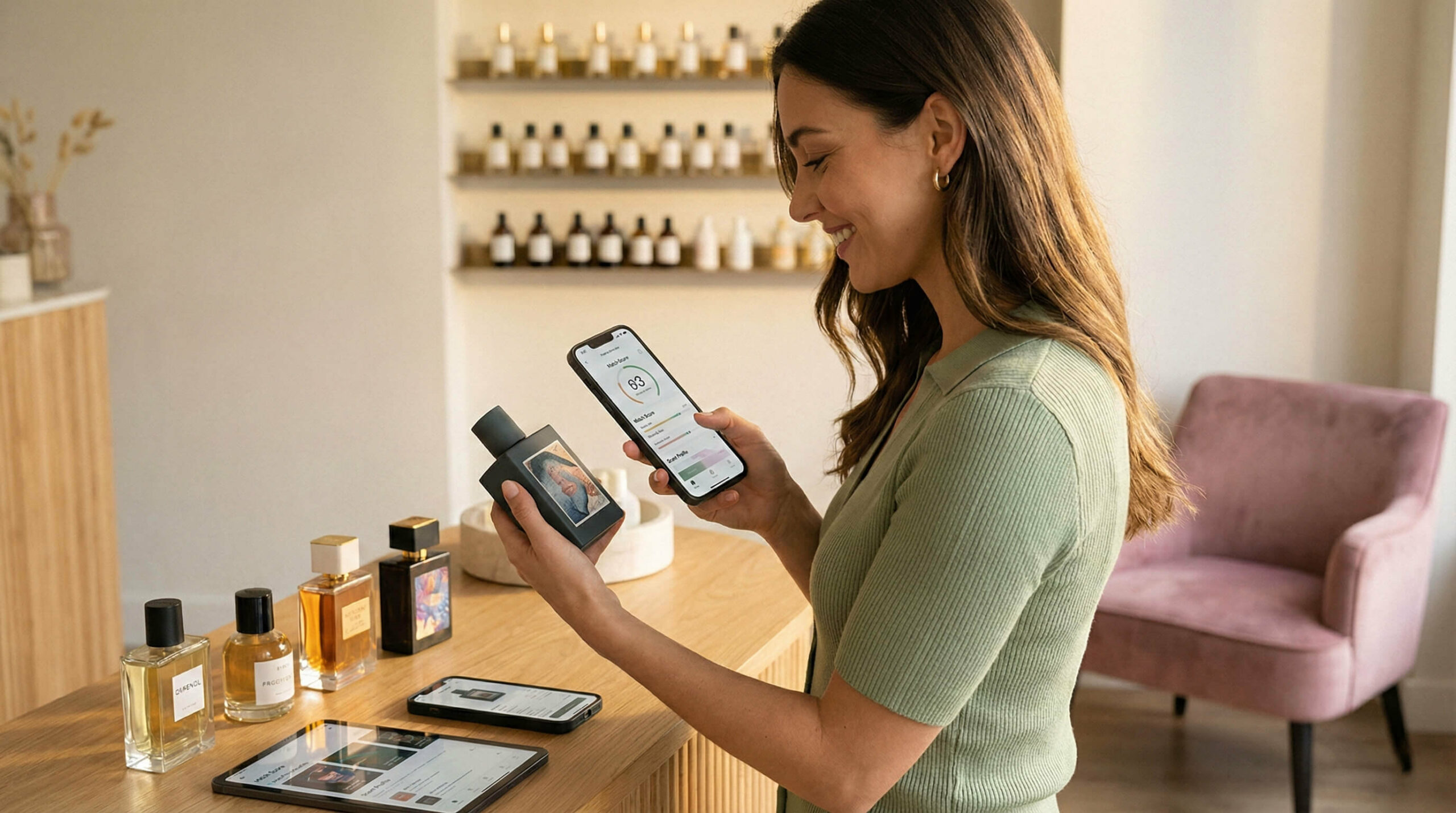 a smiling woman in a sage green top using a smartphone app to scan and analyze a perfume bottle in a sunlit boutique, surrounded by other devices testing scent scanning technology