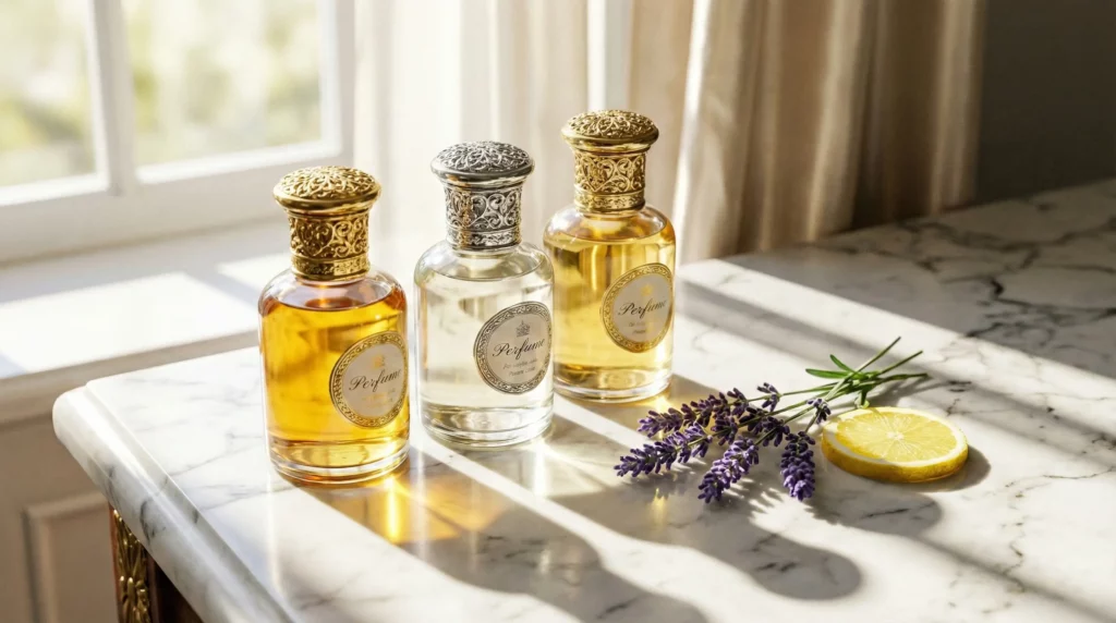 Vintage Apothecary Fragrance Bottles On Sunlit Marble