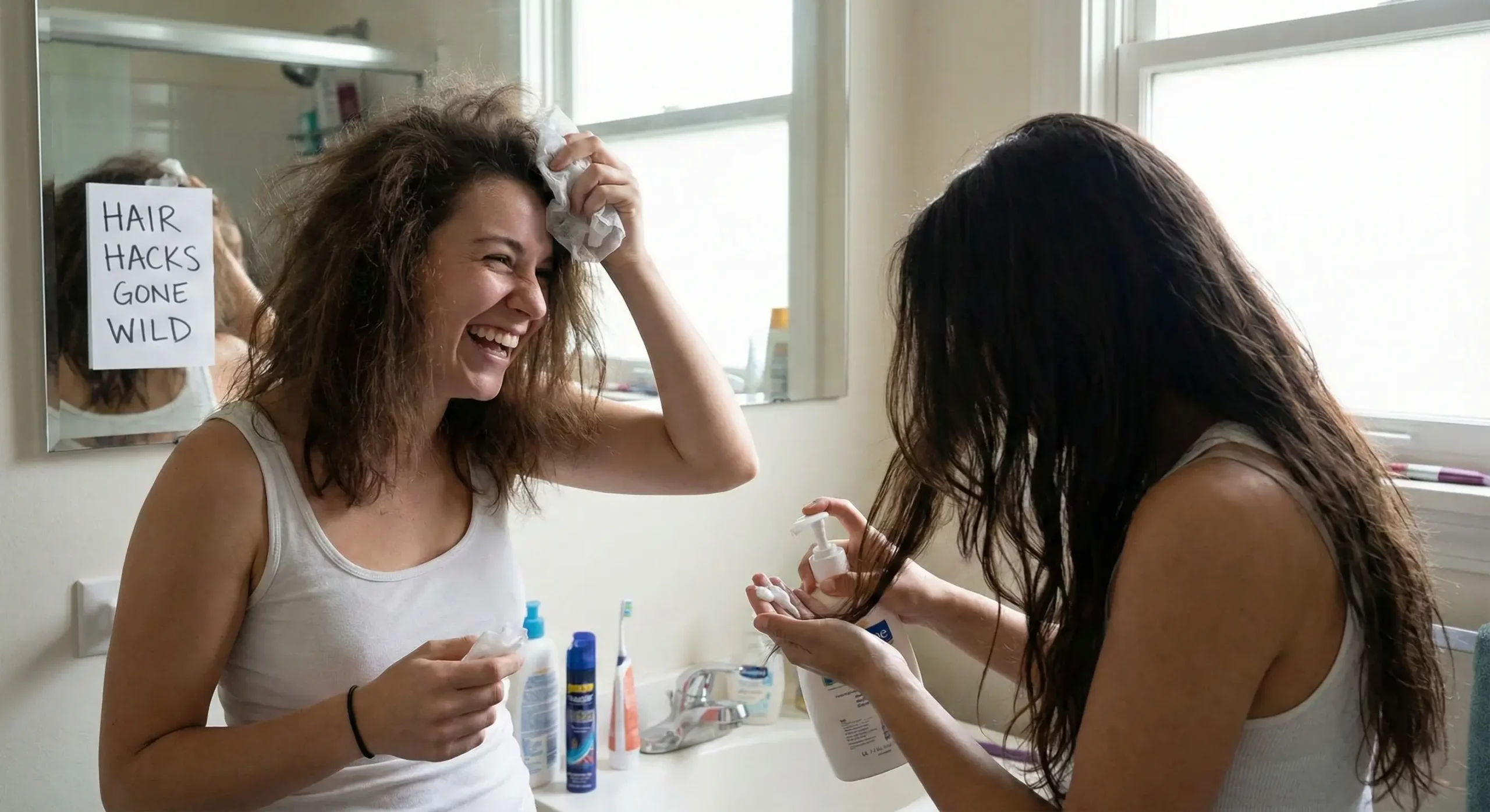 Two women laughing while trying dryer sheets and hand lotion as unconventional hair hacks in a bathroom