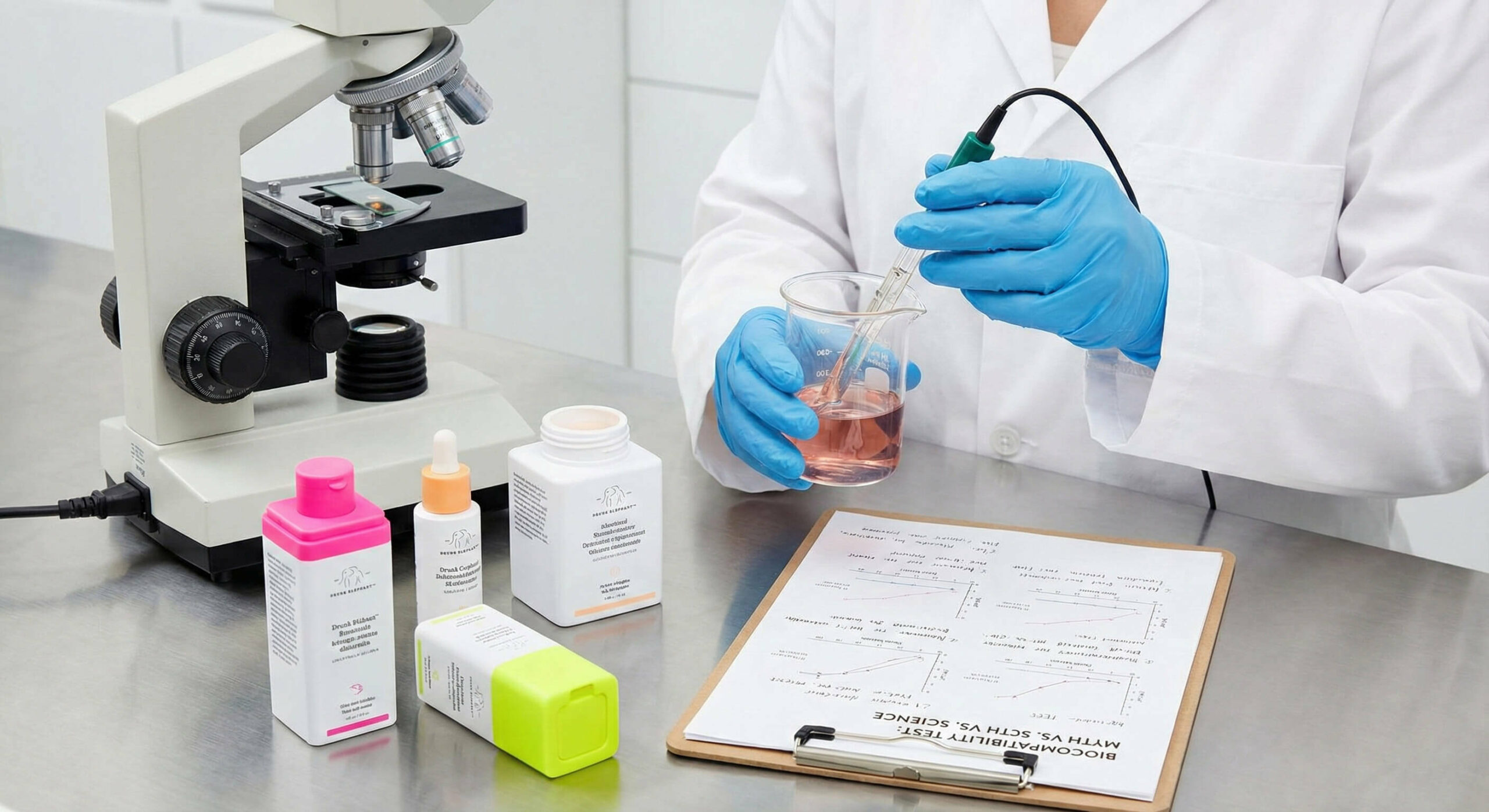 A scientist testing Drunk Elephant skincare products in a laboratory setting using scientific equipment.