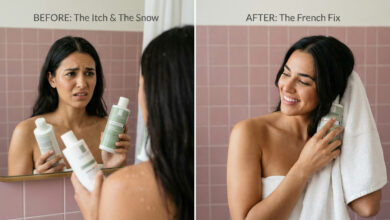 Before and after comparison of a woman successfully using Kerium shampoo to eliminate dandruff flakes.