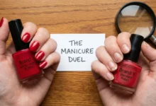 A side-by-side comparison photo showing flawless red nails next to chipped nails as part of a nail polish longevity duel