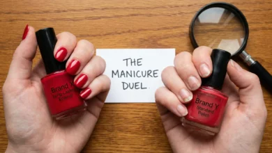 A side-by-side comparison photo showing flawless red nails next to chipped nails as part of a nail polish longevity duel