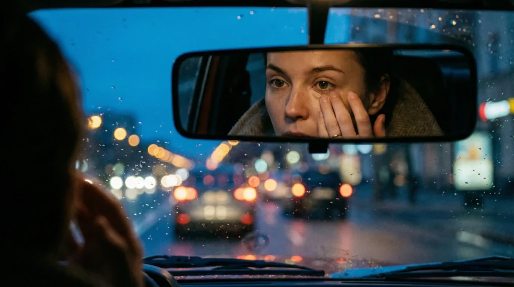 Woman Applying Concealer In Car Mirror During Dusk