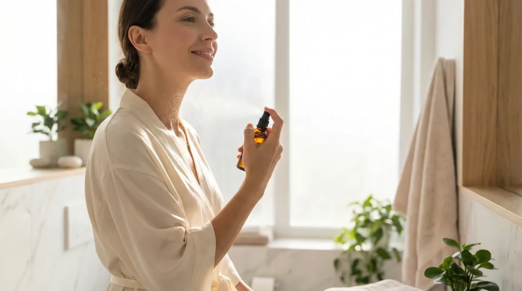Woman Enjoying Refreshing Citrus Fragrance Mist