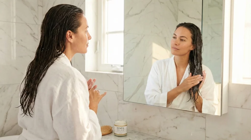 Woman with Wet Hair Applying Smoothing Cream in Elegant Bathroom
