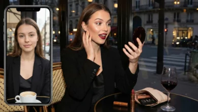 A woman in a Parisian cafe comparing her natural day makeup shown on a smartphone screen to her bold evening makeup look in a compact mirror, featuring Charlotte Tilbury lipstick and NARS cosmetics on the table for a quick transformation