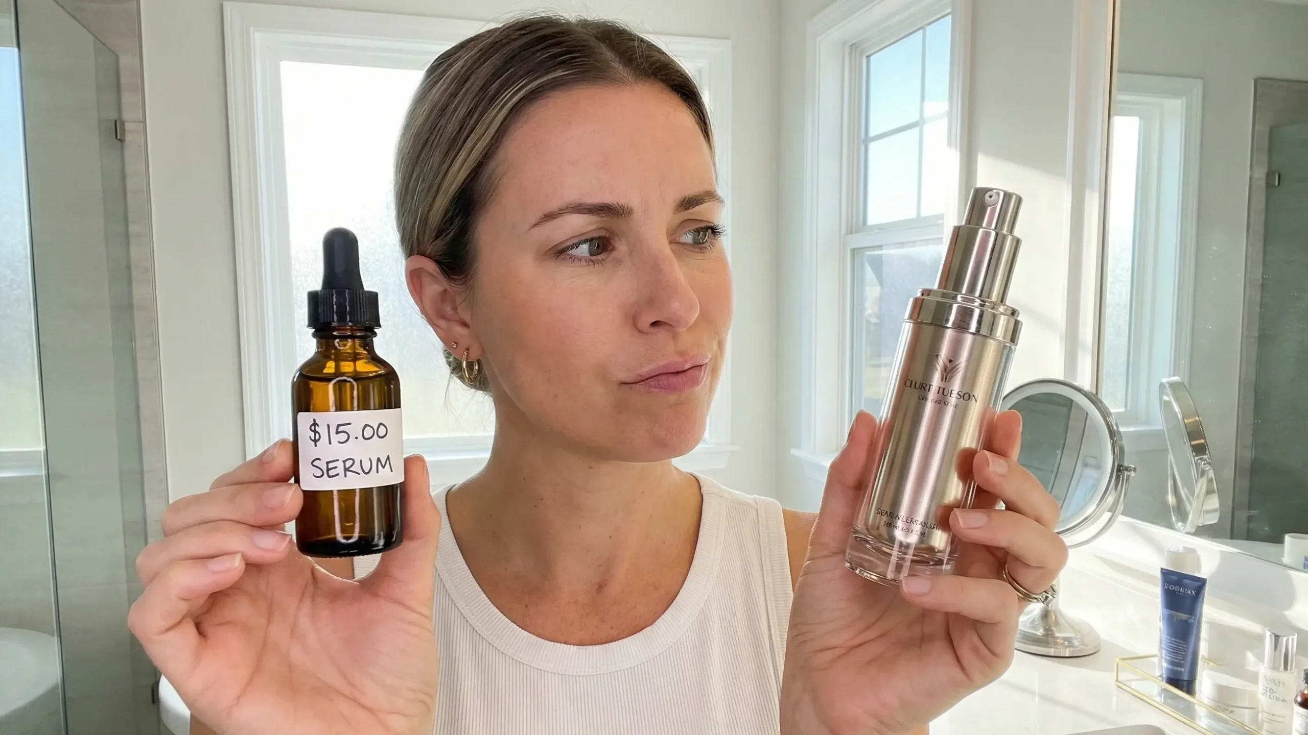 A woman skeptically comparing a bottle labeled "$15.00 SERUM" against a high-end luxury skincare bottle in a bright bathroom, illustrating a budget versus luxury product comparison