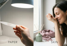 Split-screen comparison showing a perfume tester strip under a lamp versus a woman smiling while smelling perfume on her wrist at home