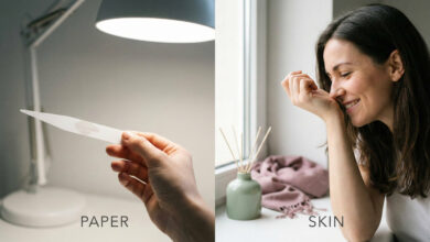Split-screen comparison showing a perfume tester strip under a lamp versus a woman smiling while smelling perfume on her wrist at home