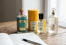 A photograph of three classic Eau de Cologne bottles—4711 Original, Acqua di Parma Colonia with its yellow tube, and Guerlain Eau de Cologne Impériale—arranged on a rustic wooden table next to an open notebook with handwritten review notes