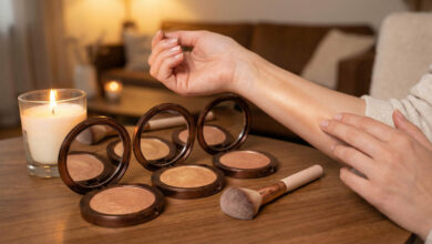 Swatches of four shimmer bronzers creating a warm candlelight glow on a woman's forearm.