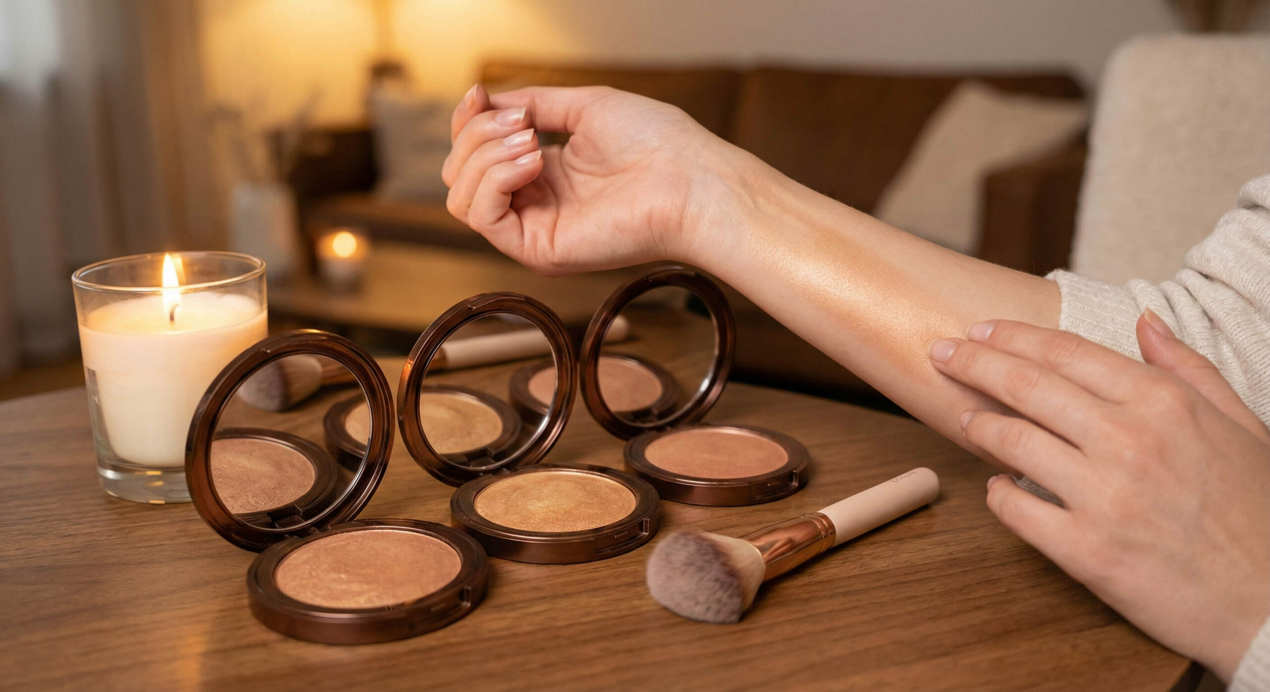 Swatches of four shimmer bronzers creating a warm candlelight glow on a woman's forearm.
