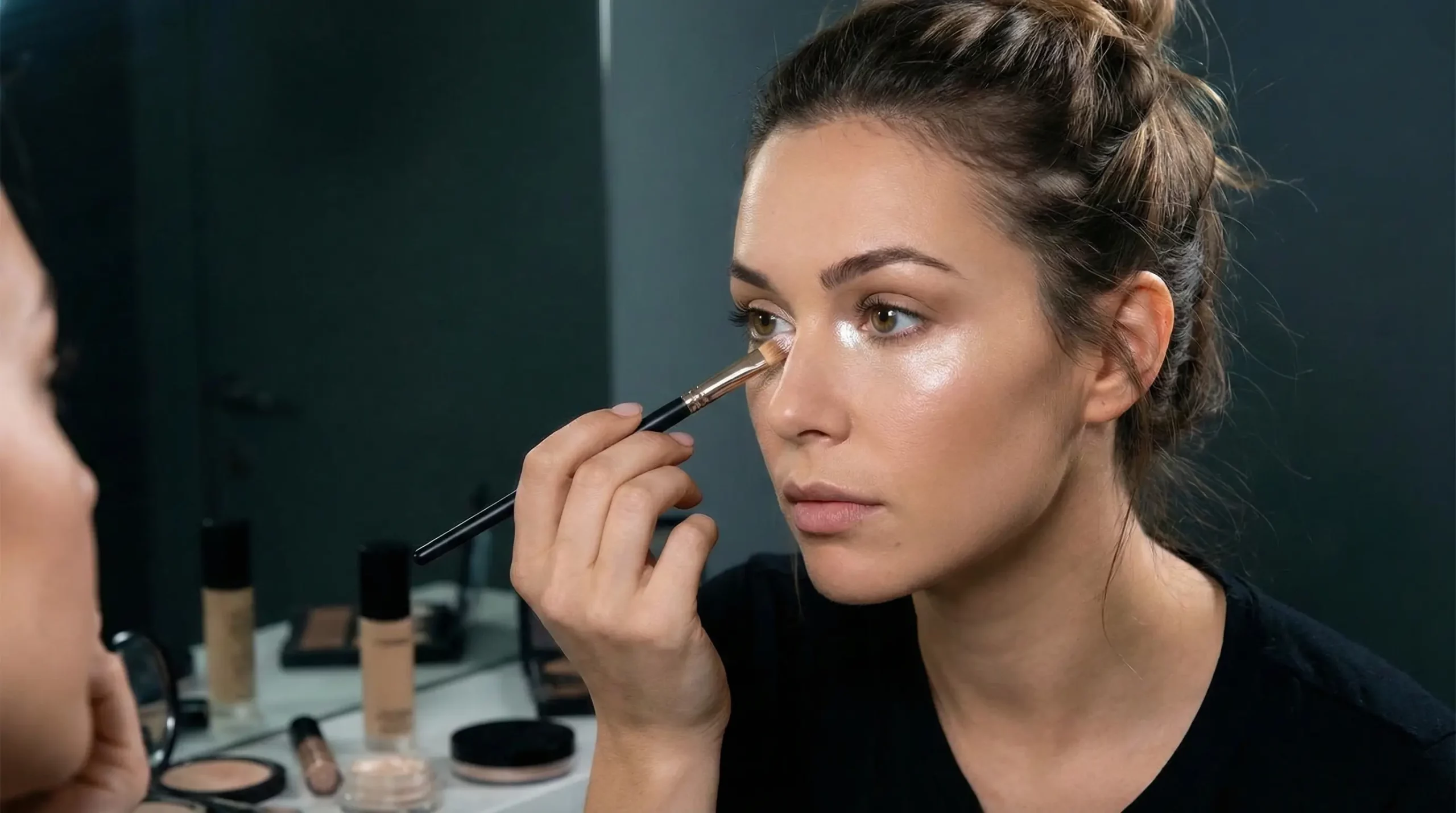 An attractive woman at a vanity mirror performing a 5-minute nighttime beauty trick for a total transformation that goes beyond the classic red lip