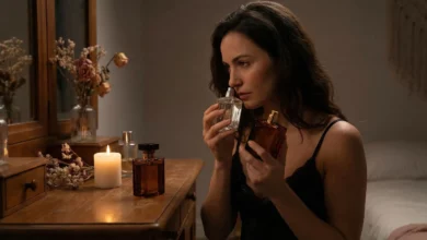 A woman thoughtfully comparing the scent of a perfume from a clear bottle against a dark amber bottle in a dimly lit room, illustrating how light exposure affects fragrance