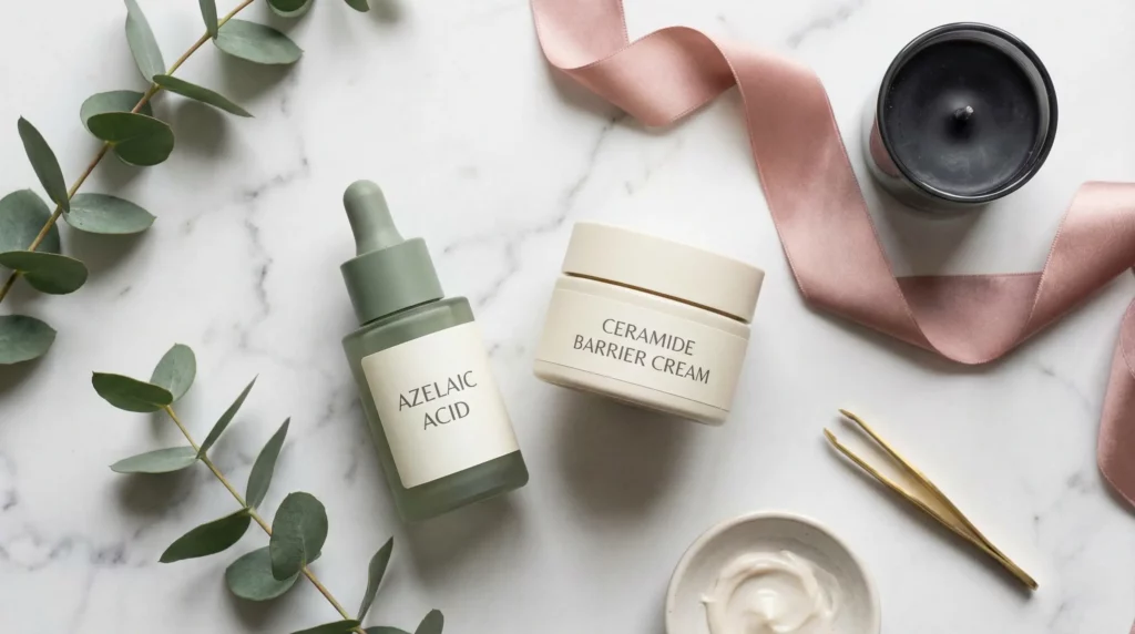Aesthetic flatlay of barrier-repair ingredients like ceramides and azelaic acid