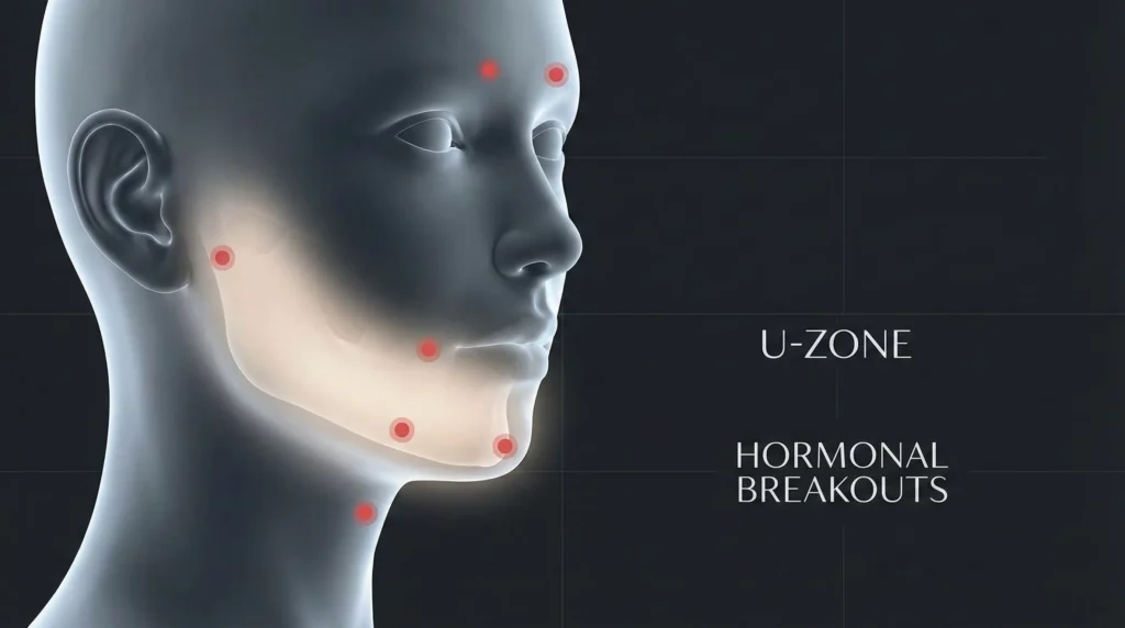 Anatomical diagram showing hormonal acne patterns in the jawline U-zone