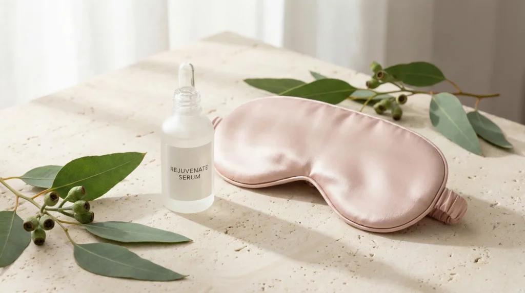 Calming skincare essentials and silk mask for a stress-relief beauty routine