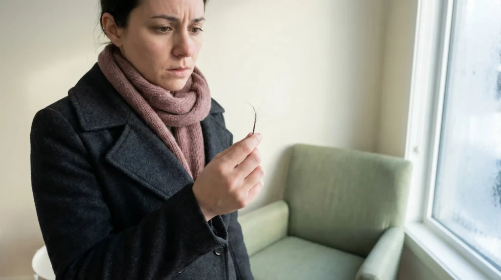 checking her hair for winter breakage and snapped strands caused by friction and cold air.
