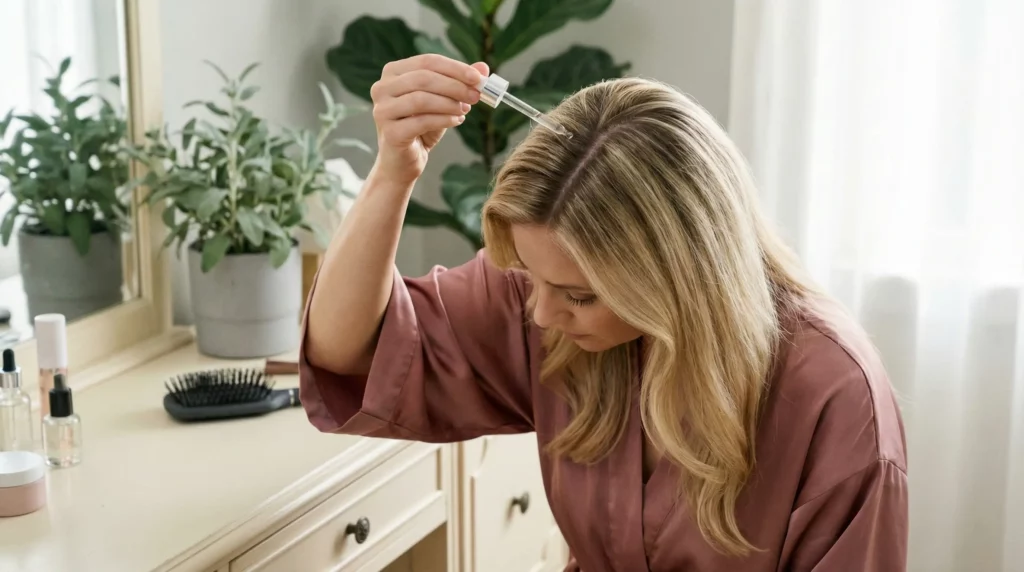 Chloe applying a pH-balanced scalp serum for fungal balance and scalp health.