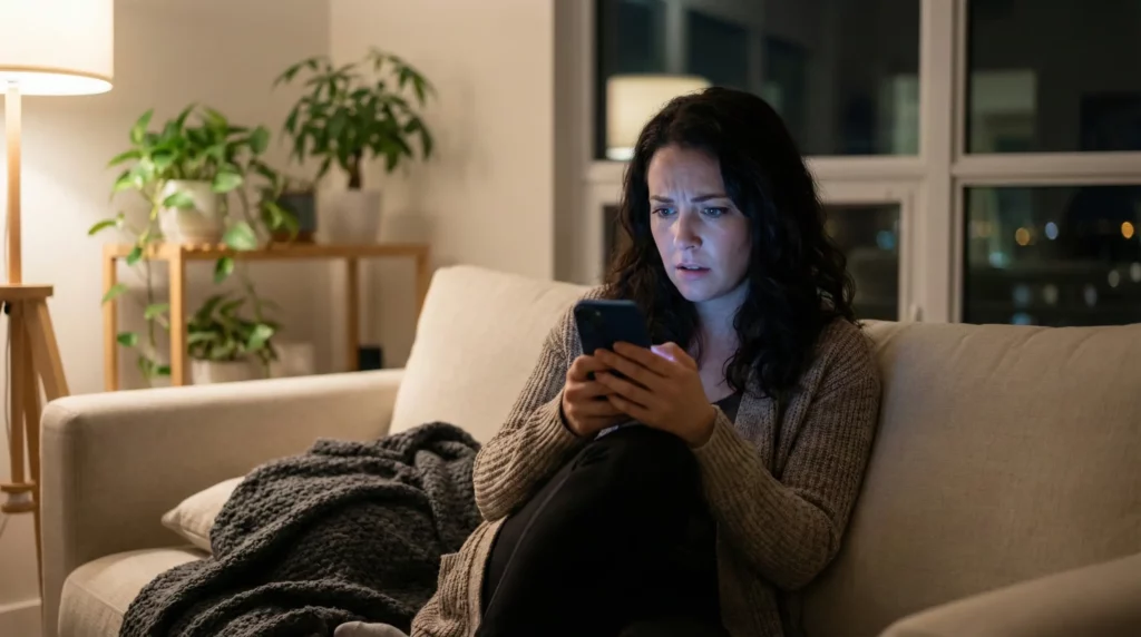 Chloe feeling overwhelmed by digital notifications and smartphone stress.