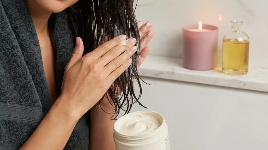 Applying a hydrating hair mask for autumn recovery and hair strengthening