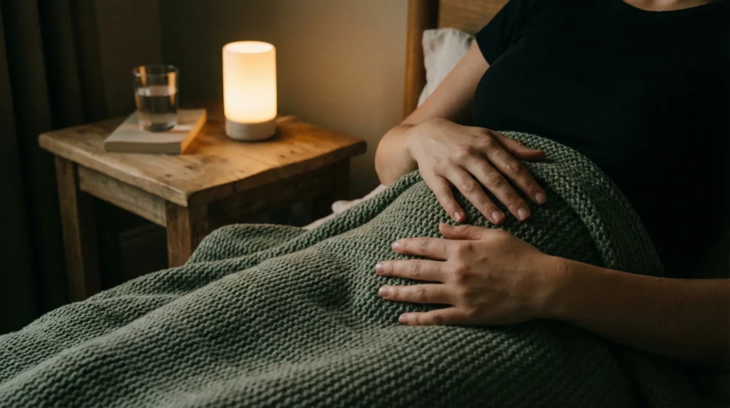 Woman practicing diaphragmatic breathing techniques as a 3 a.m. sleep rescue plan.
