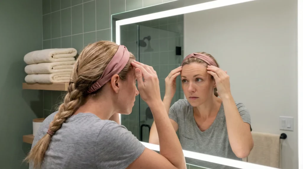 Elena inspecting her frontal hairline for product buildup and localized flaking