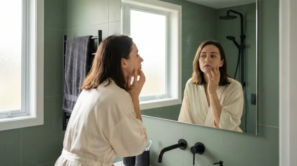 Elena inspecting her skin for signs of non-restorative sleep fatigue