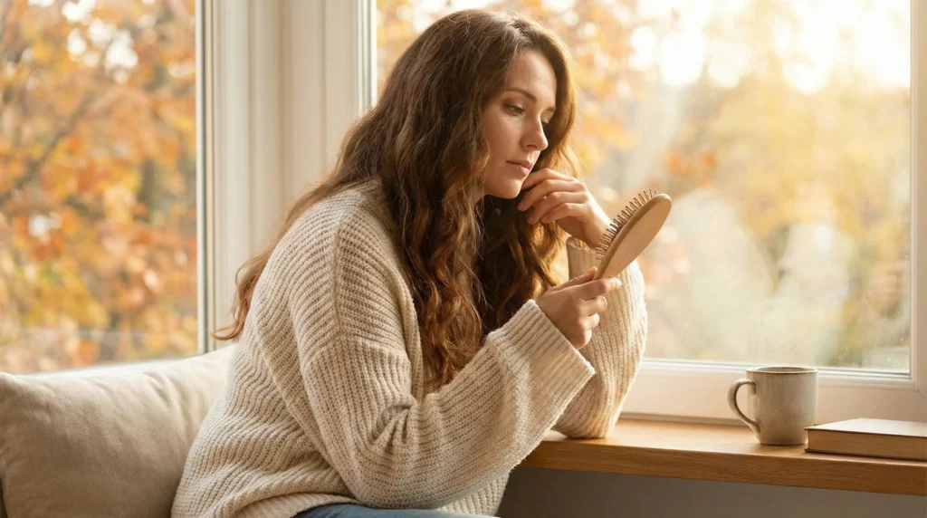Woman inspecting hairbrush near a window with autumn leaves in the background.