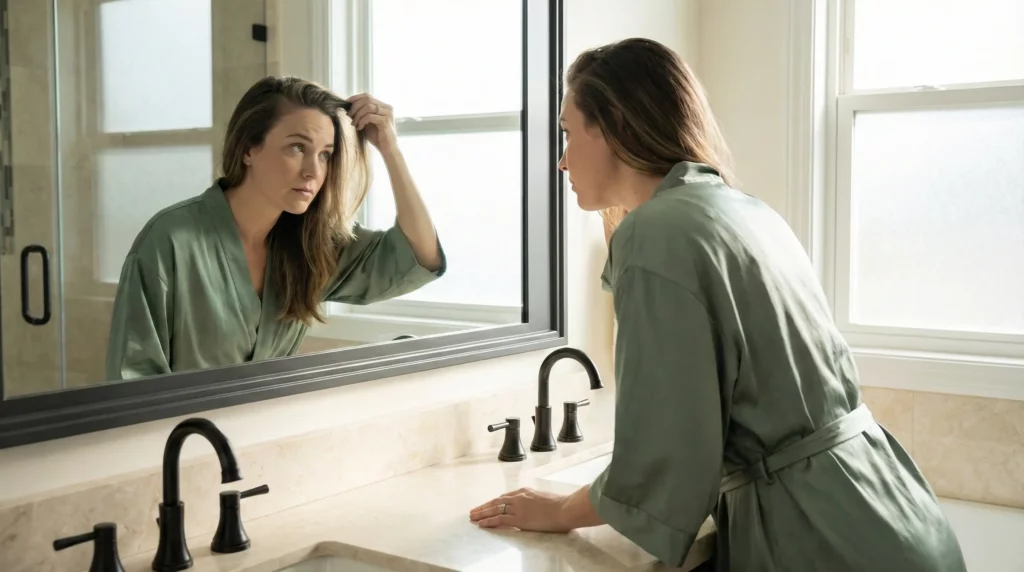 Lily examining her hairline for silvery scalp psoriasis plaques.