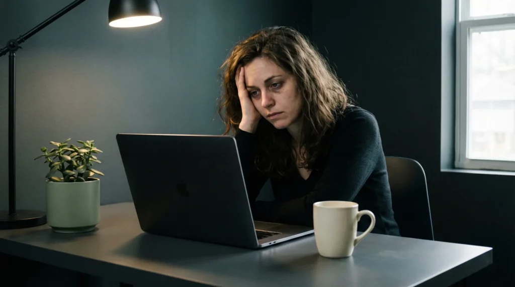 Sarah experiencing cognitive friction and emotional distancing as signs of burnout.