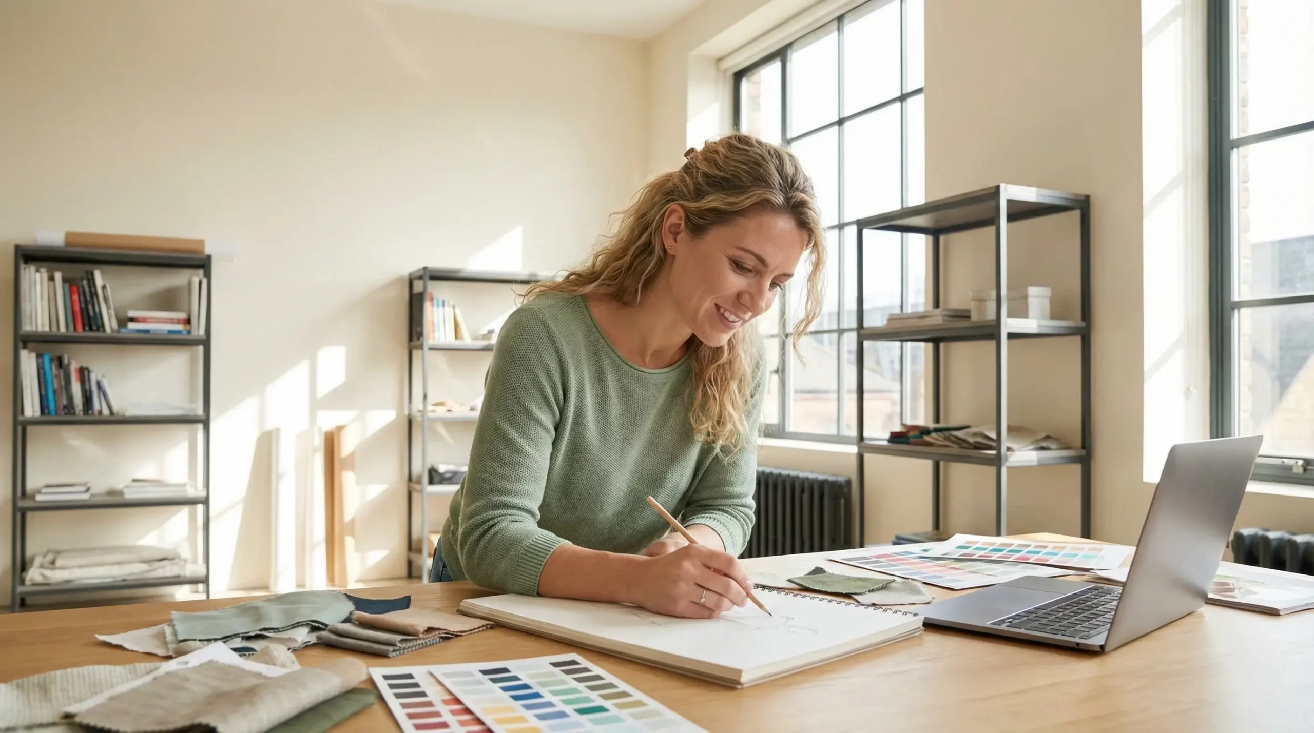experiencing eustress and positive focus in her creative workspace